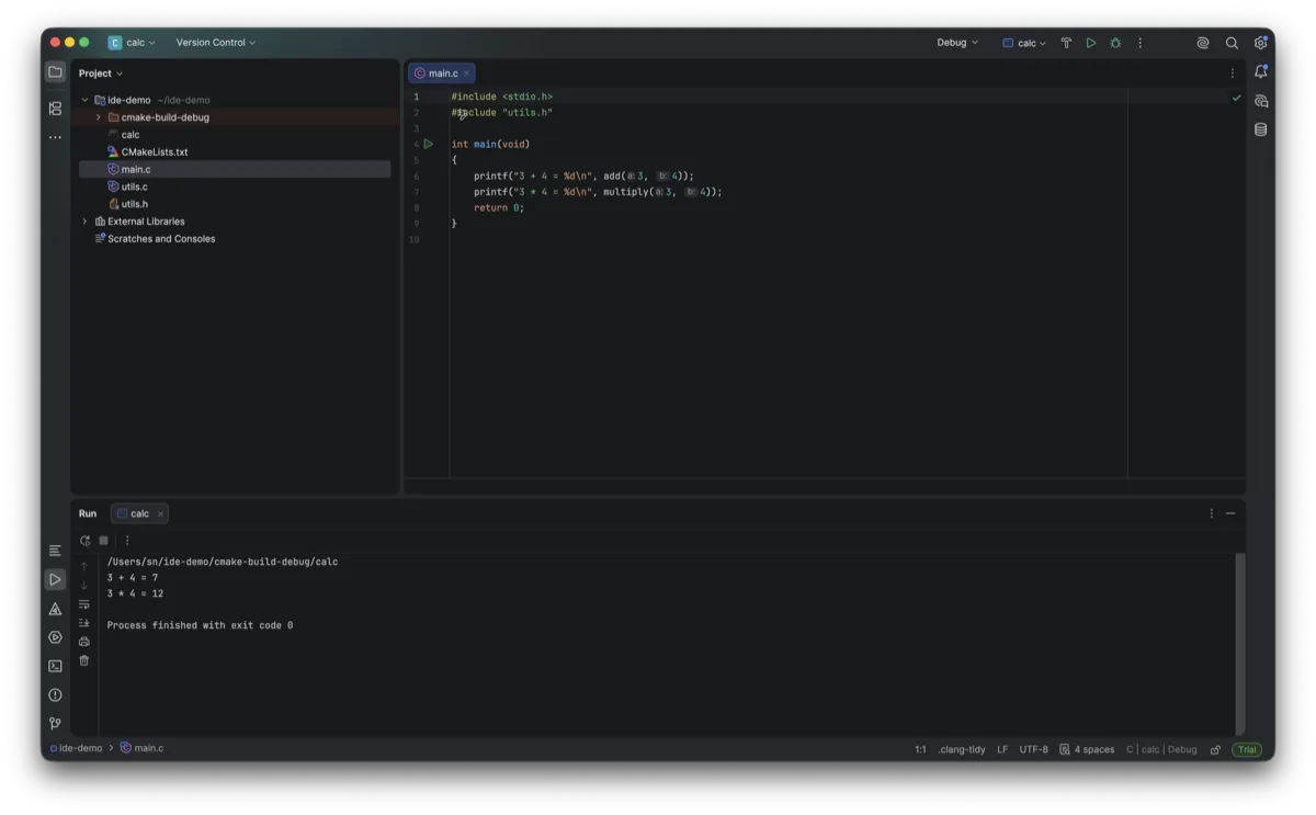 CLion IDE with a CMake-based C project open and the Run panel showing the program output