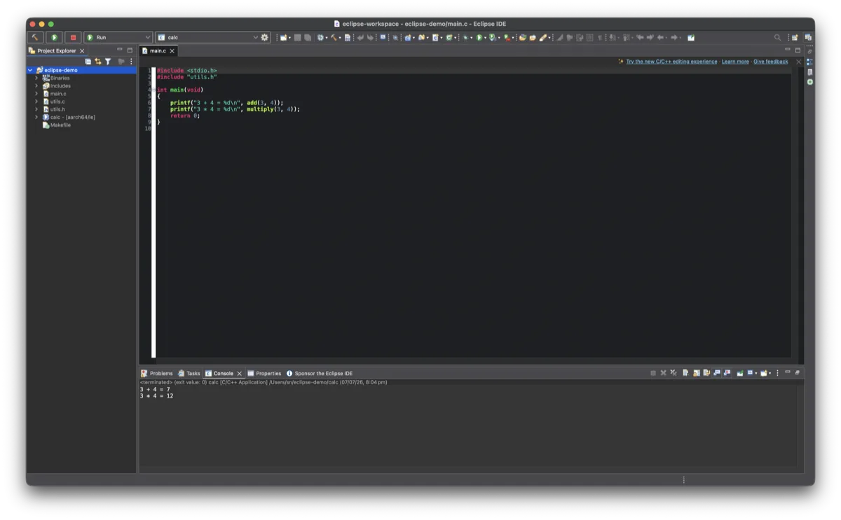 Eclipse CDT with a Makefile-based C project and the Console view showing the compiled program's output