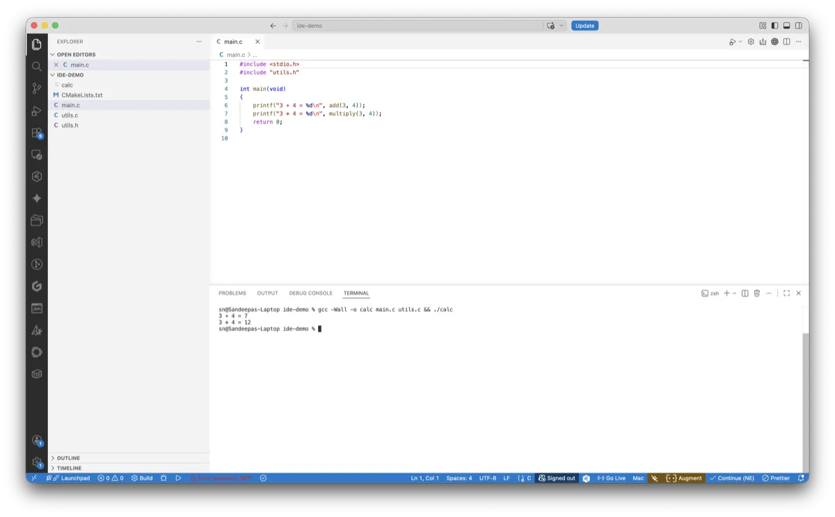 VS Code editing a multi-file C project, with the integrated terminal showing gcc compiling and running the program